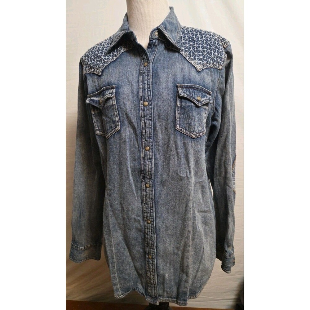 Wrangler Pearl Snap Denim Shirt Dress Striped Yoke Women's M Western Cowgirl
